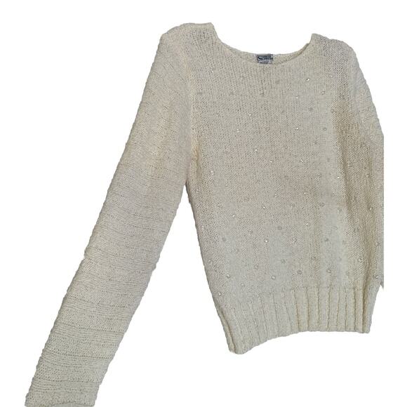Vintage Sweater Vtg 70s 80s Cream Round Neck Embellishment Pullover Women’s Sz L - Picture 3 of 11